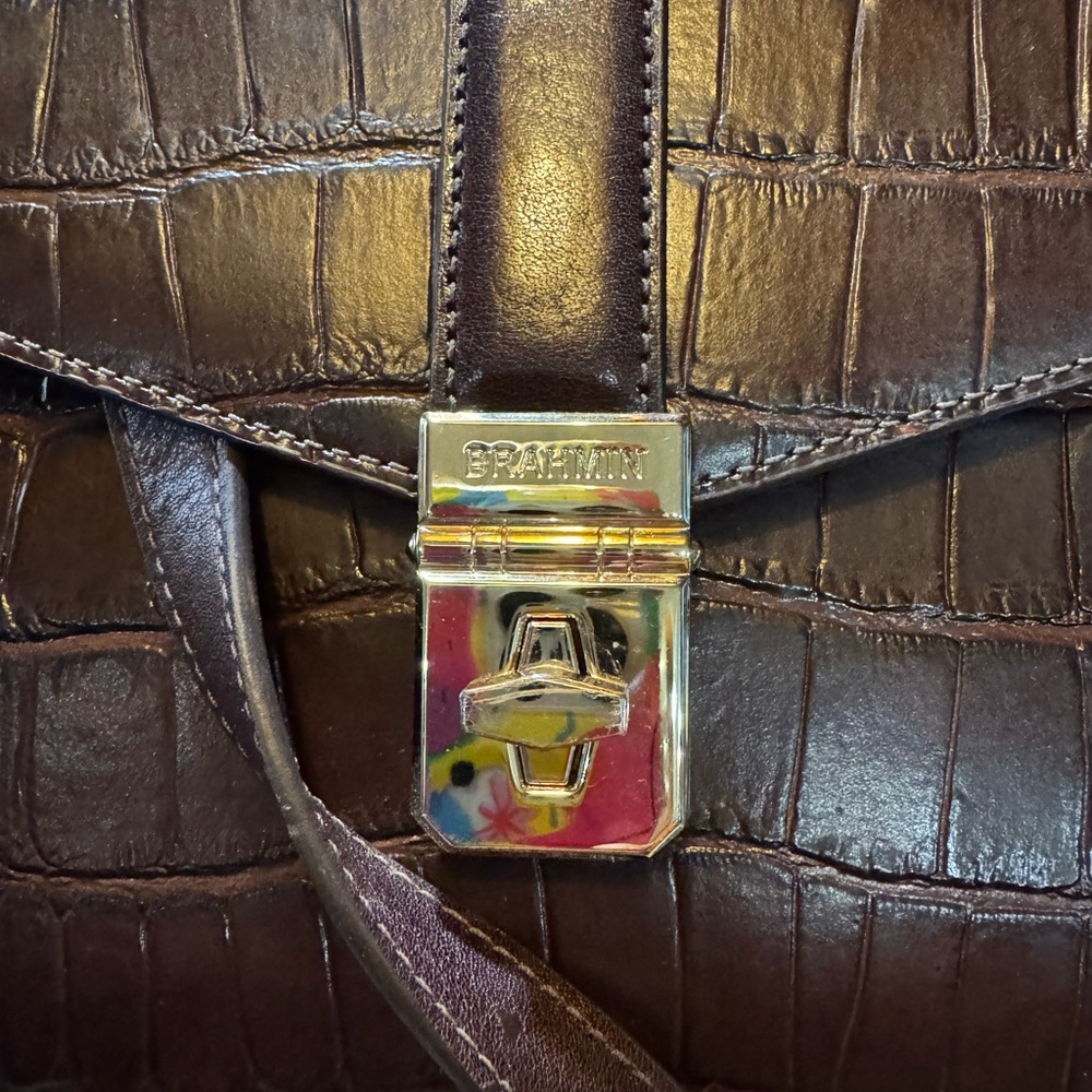 Brahmin Dark Brown Croc-Embossed Leather Satchel with Gold Hardware - Picture 2 of 11